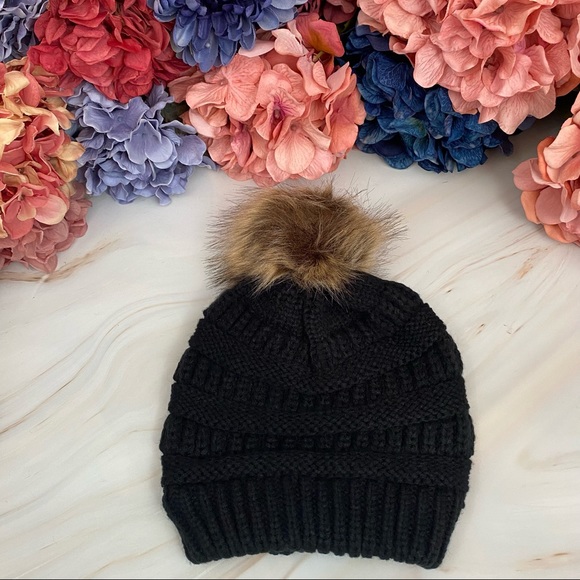 Black Knit Criss Cross Ponytail Pom Pom Beanie - Picture 6 of 15